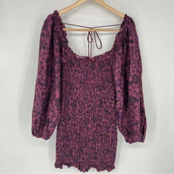 Free People Smock It To Me Puff Sleeves Mini Dress Hazelnut Combo Size Medium - Picture 5 of 16